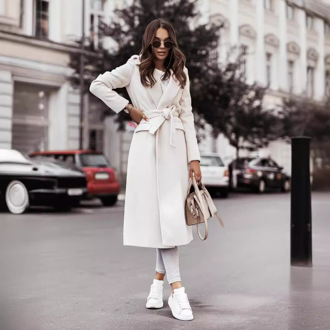 Women's Woolen Minimalist Long Sleeve Lace Up Coats