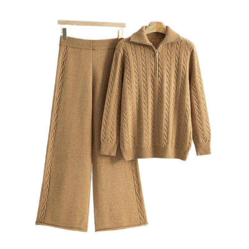 Women's Retro Half Zipper Loose Wide Leg Fashion Casual Suit