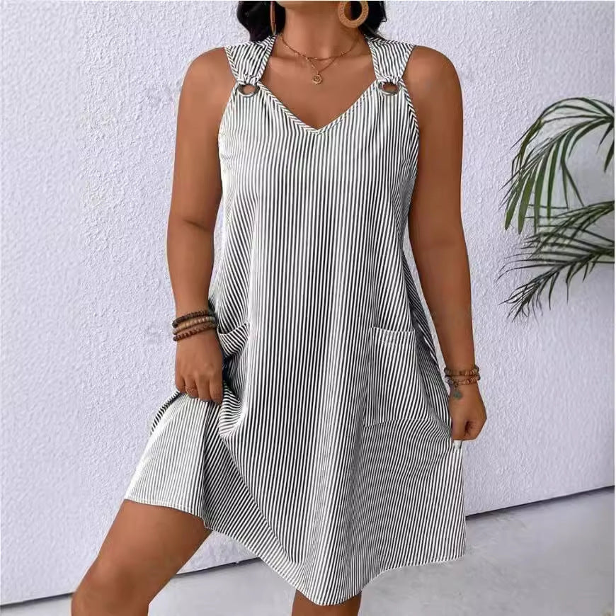Glamorous Round Neck Pocket Striped Overall Skirts