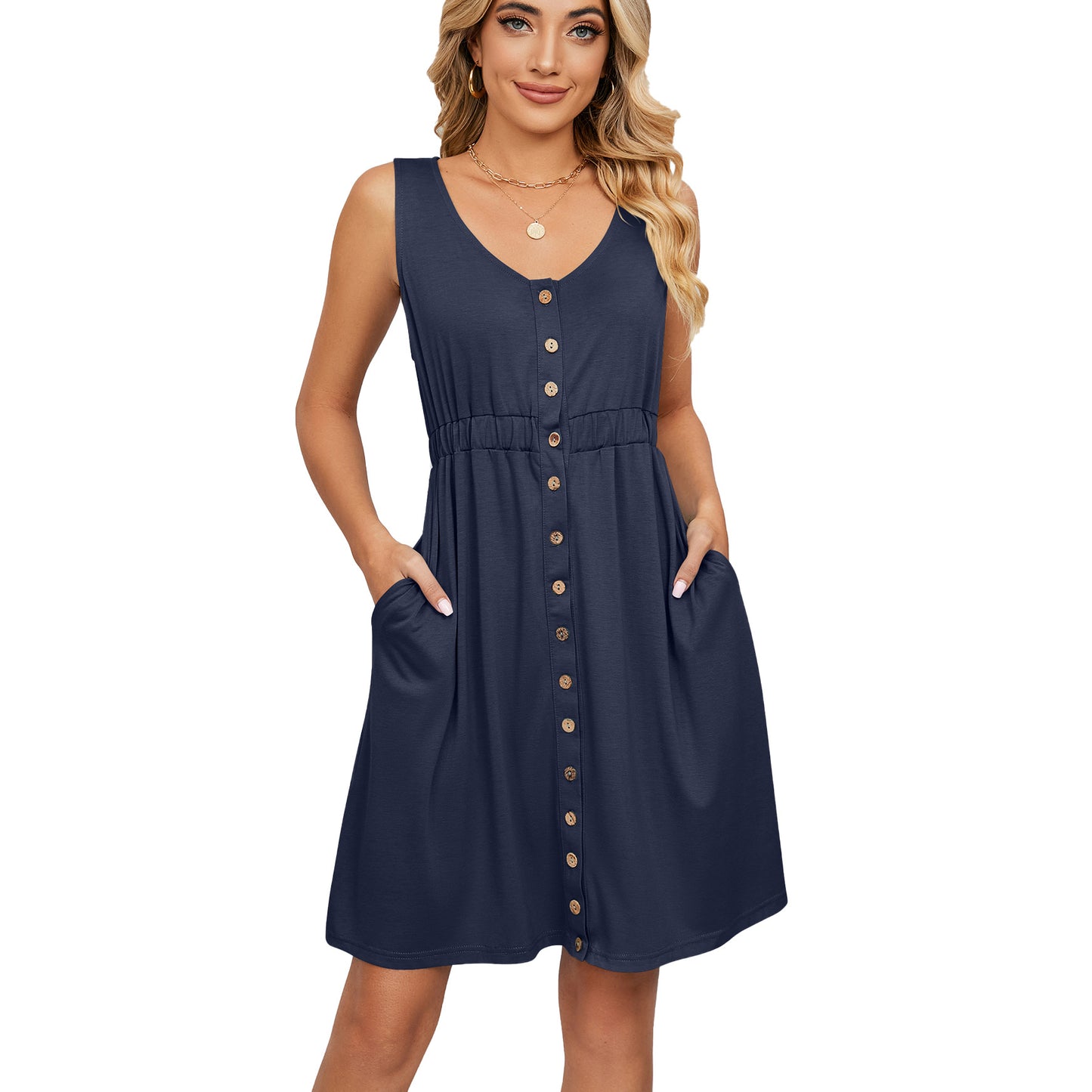 Sleeveless Button Pocket Crew Neck Split Dress
