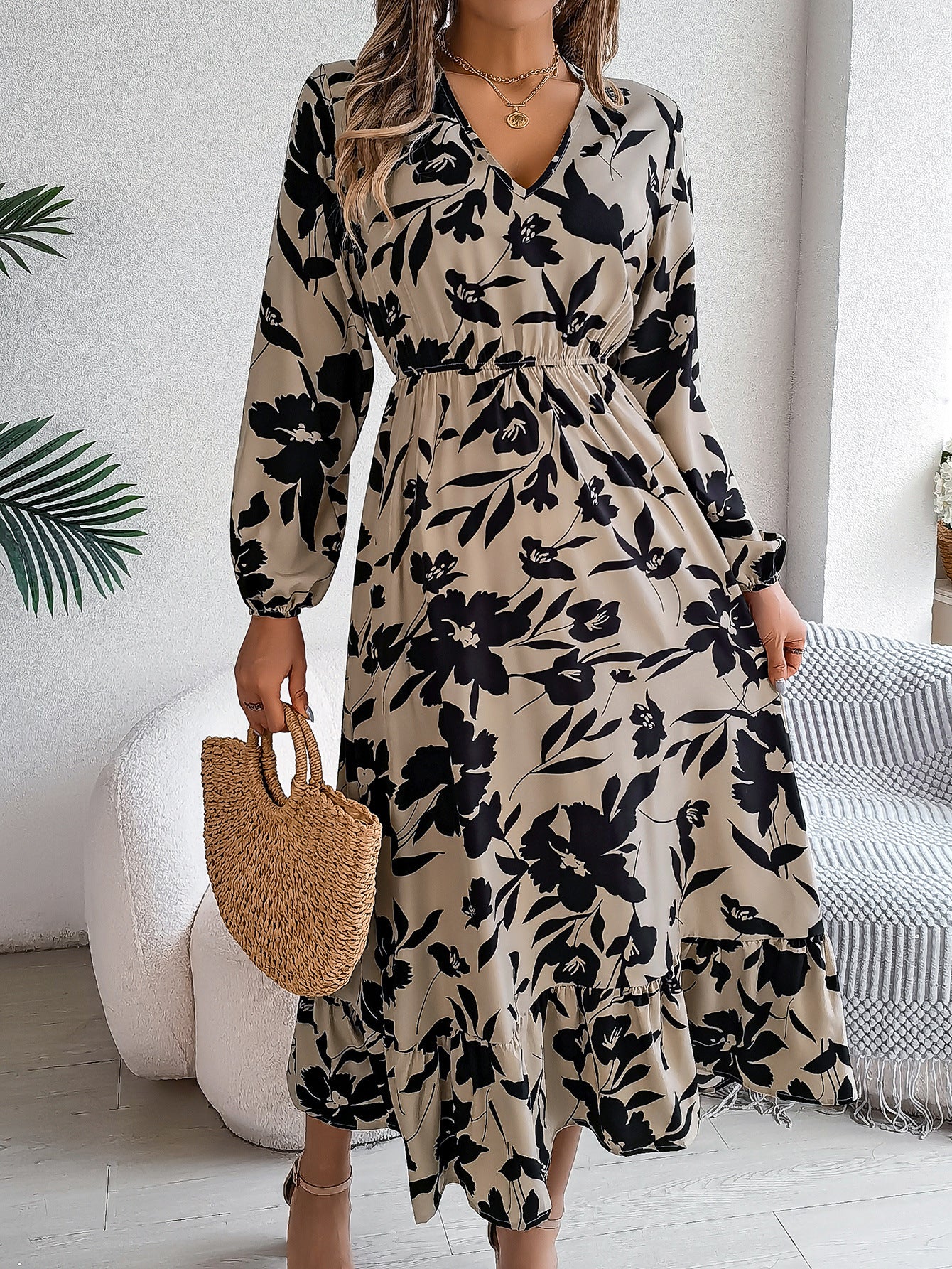 Women's Casual Flower Long Sleeves Ruffles Dress Dresses