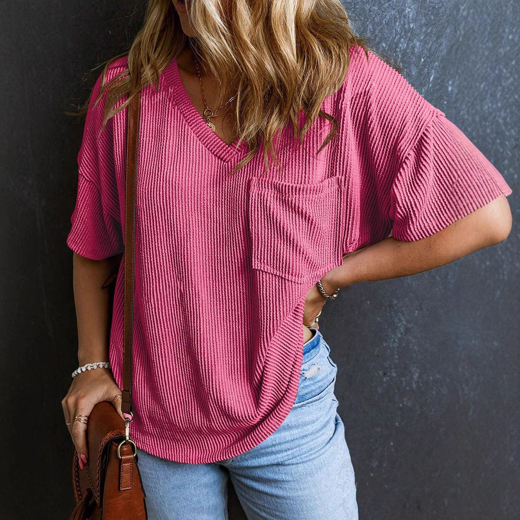 Women's Fashionable Two-color Twisted Pocket Short-sleeved For Blouses