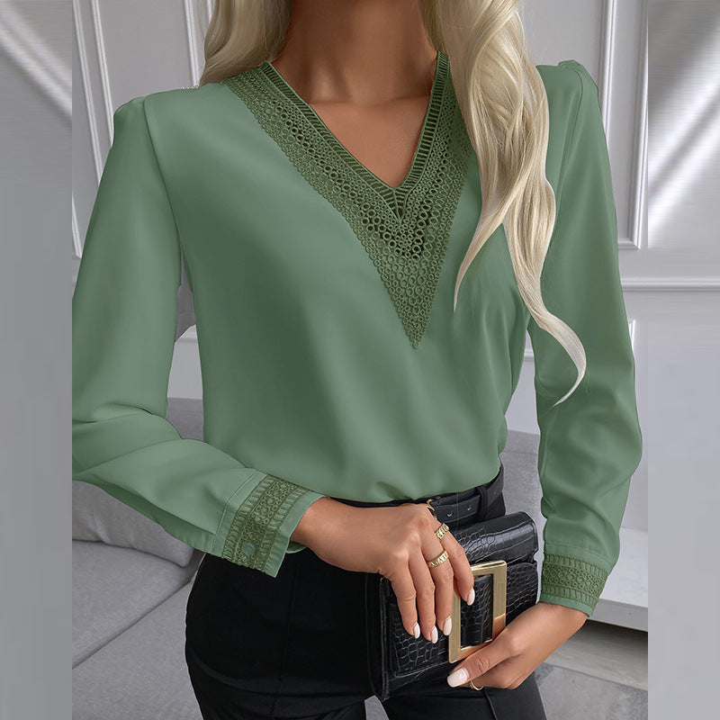 Women's Fashion Lace Shirt Solid Color Stitching Blouses