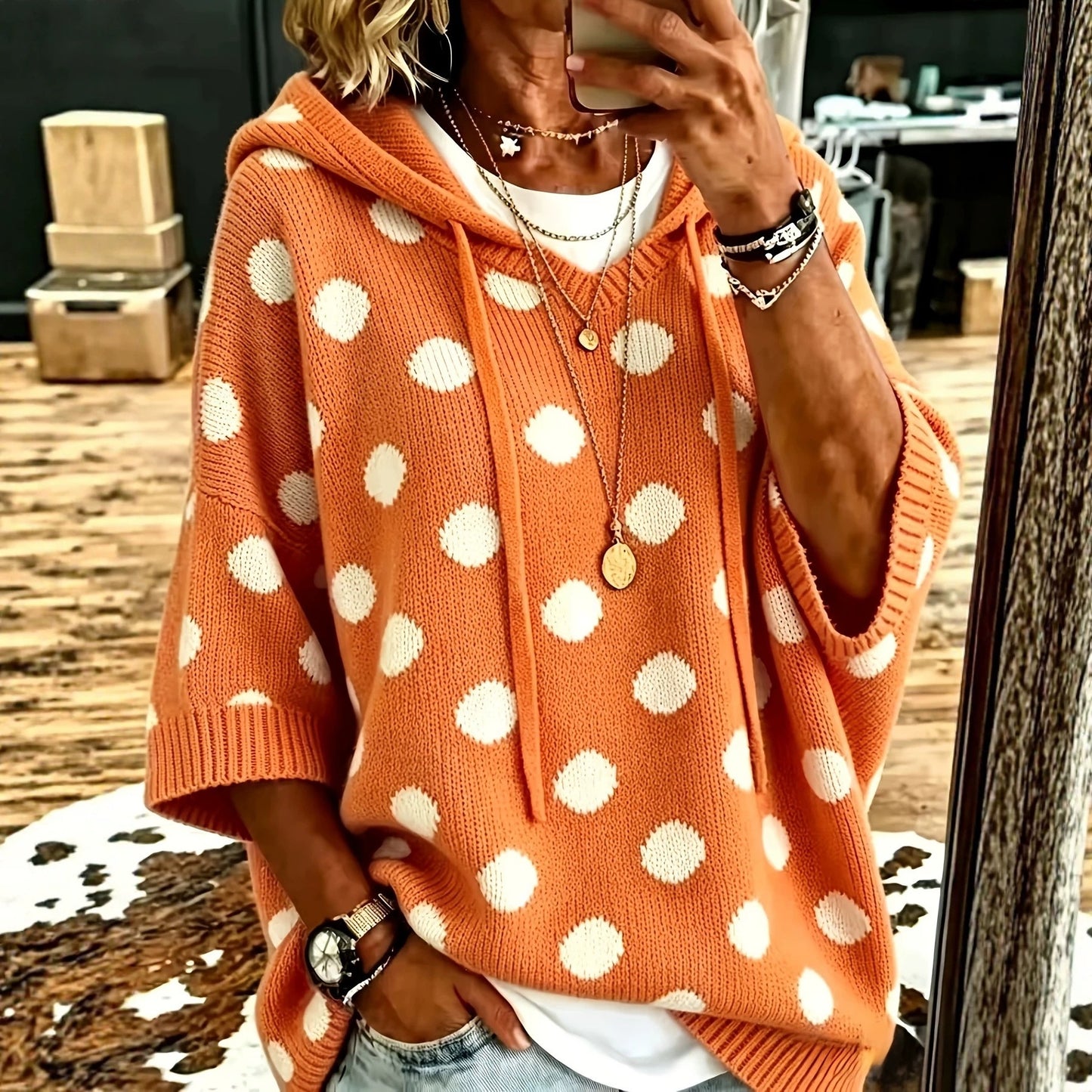 Women's Complete Sizes Elegant Loose Casual Style Polka Dot Sweater