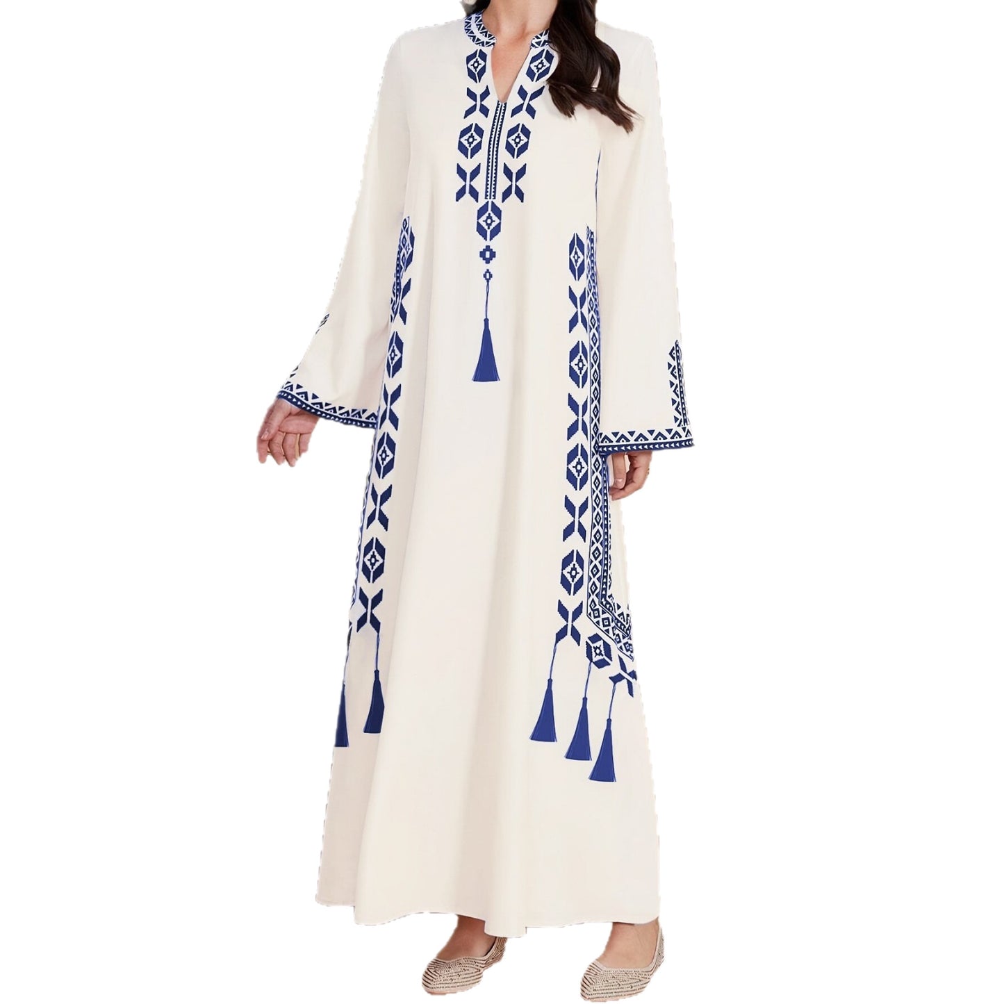 Women's Ethnic Embroidered Robe Loose-fitting Long Sleeves A- Line Dress