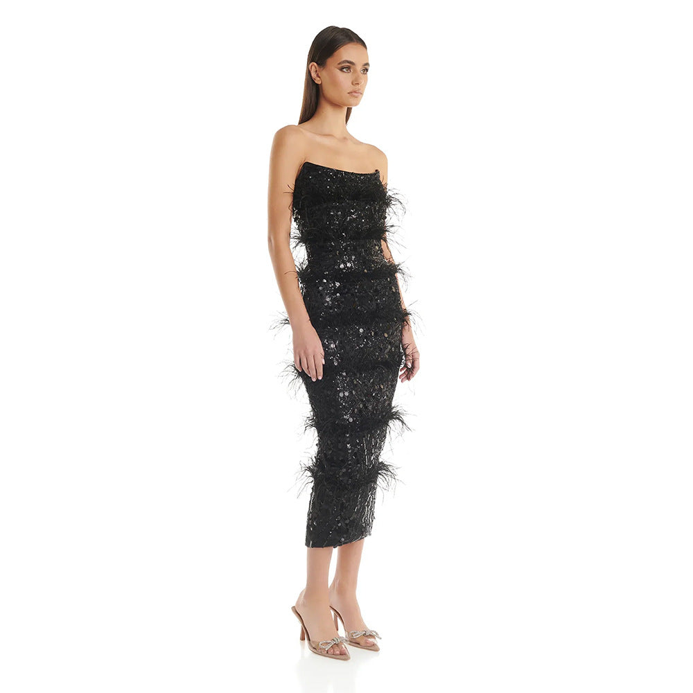 Women's Sexy Ostrich Feather Tube Dress Slim Dresses