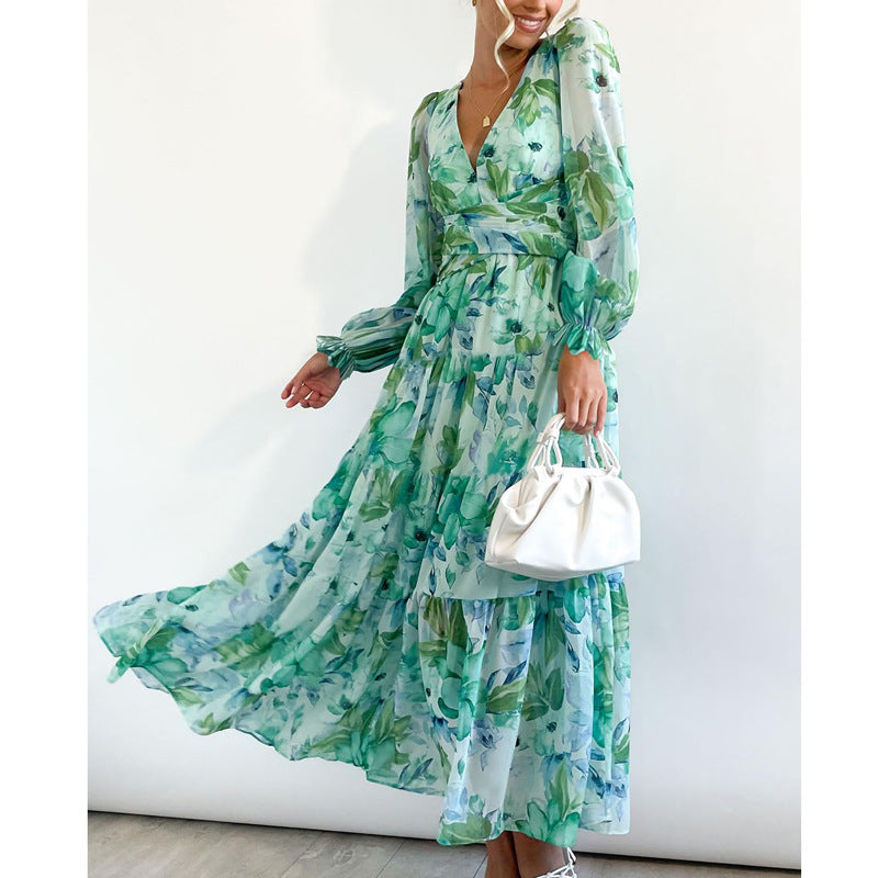 Women's Style Deep V Printed High Waist Casual Long Dresses