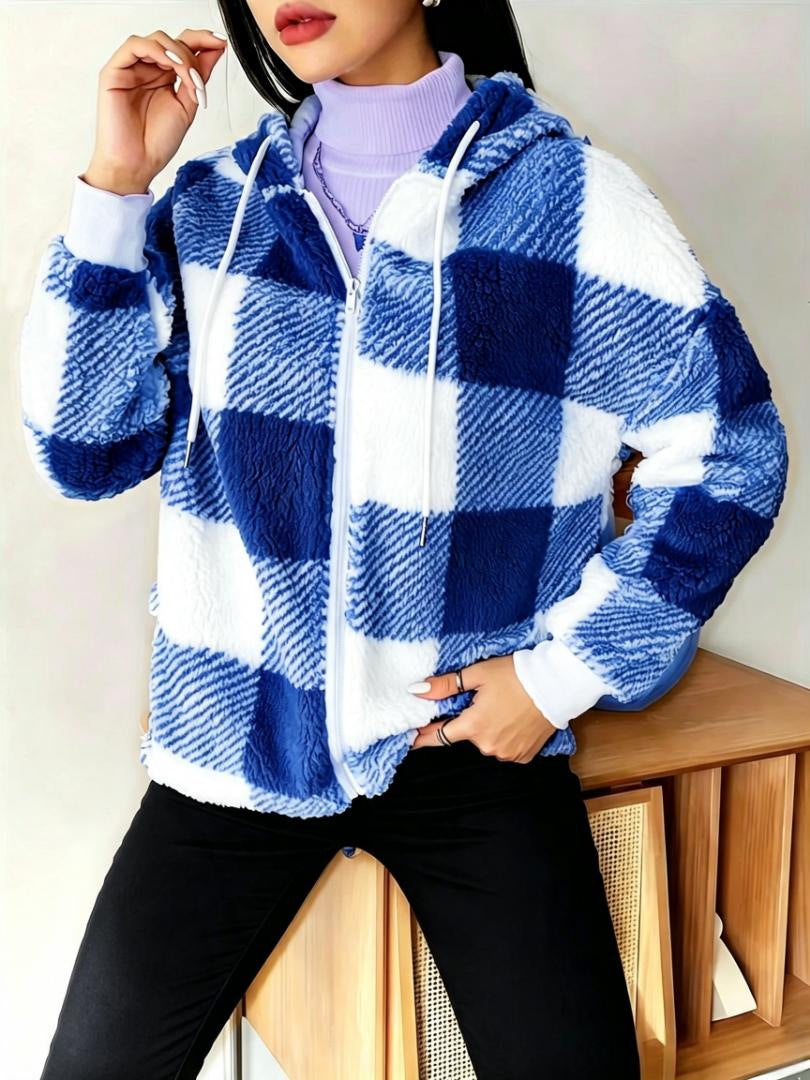 Women's Fleece Sweatshirt Loose Casual Hooded Plaid Women's Sweater, Sweater