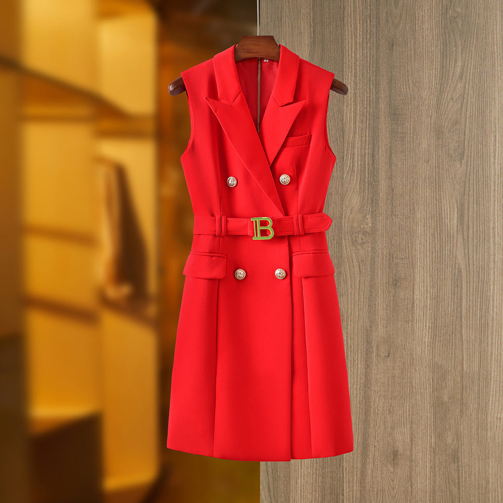 Waist Metal Buckle Elegant Slim Black Dresses