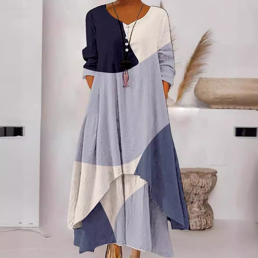 Women's Popular Printed Long-sleeved Hem Irregular Long Dress