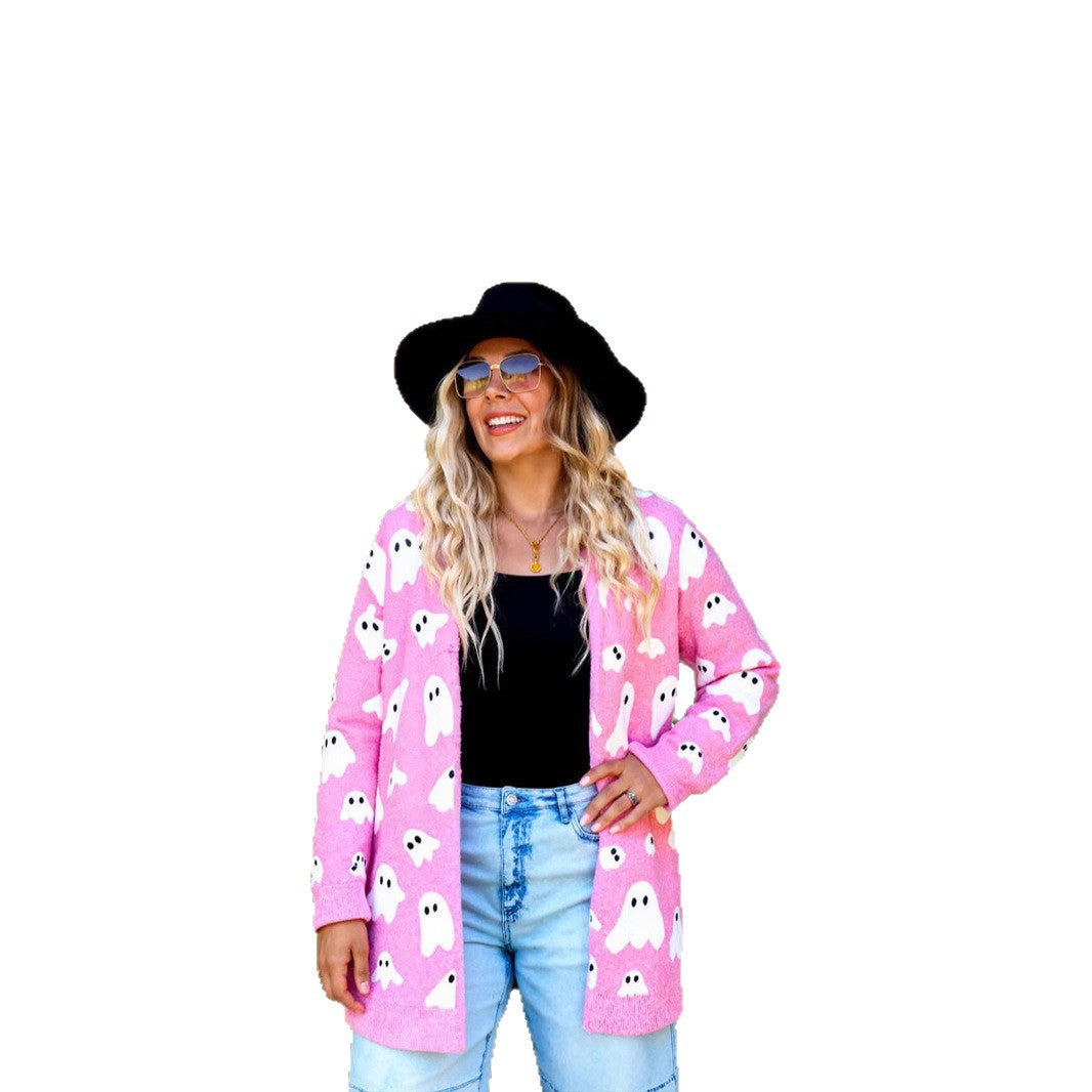 Women's Halloween Ghost Pattern Mid-length Knitted Loose Sweaters