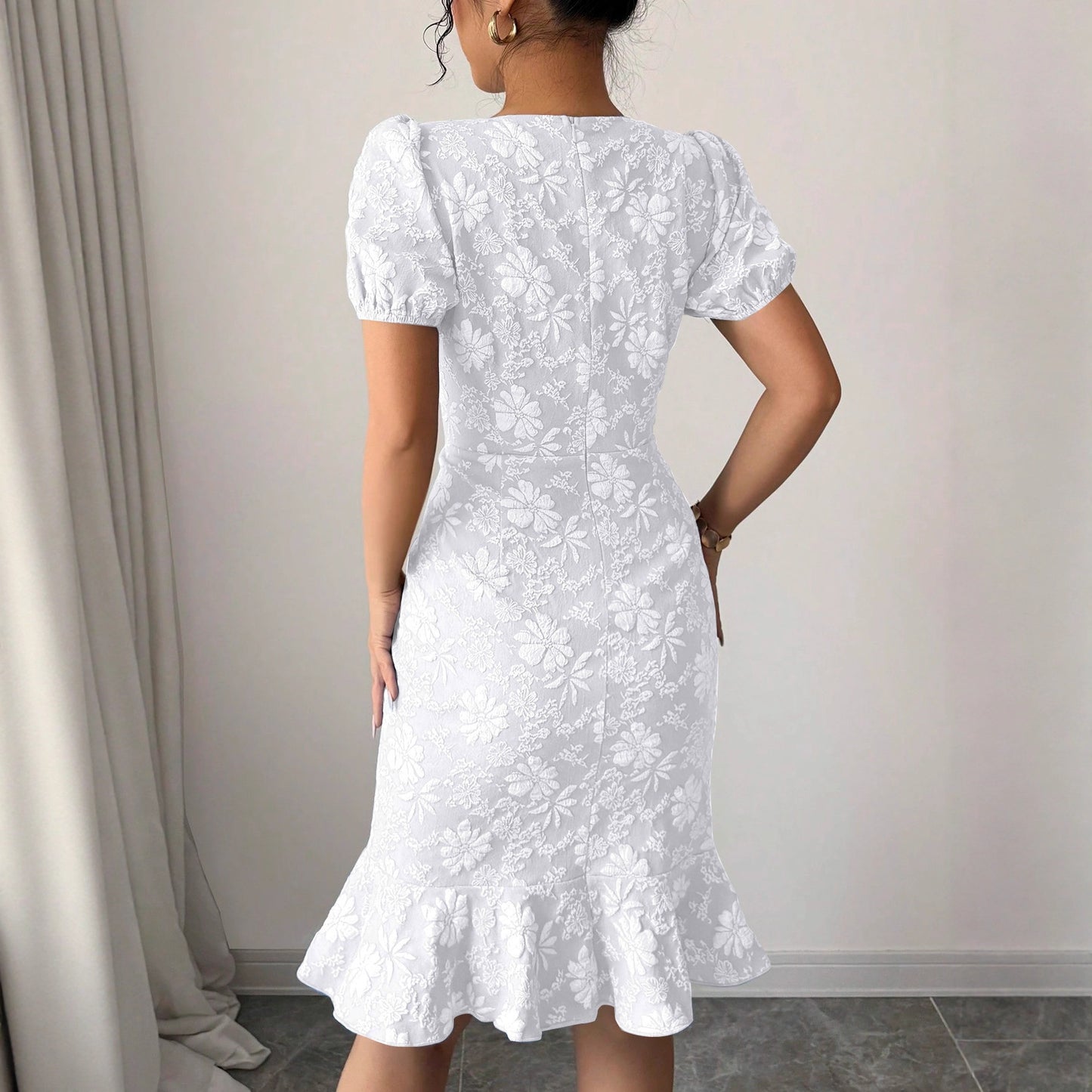 Women's Source Summer Bubble Sleeve Texture Jacquard Round Neck Retro Dress