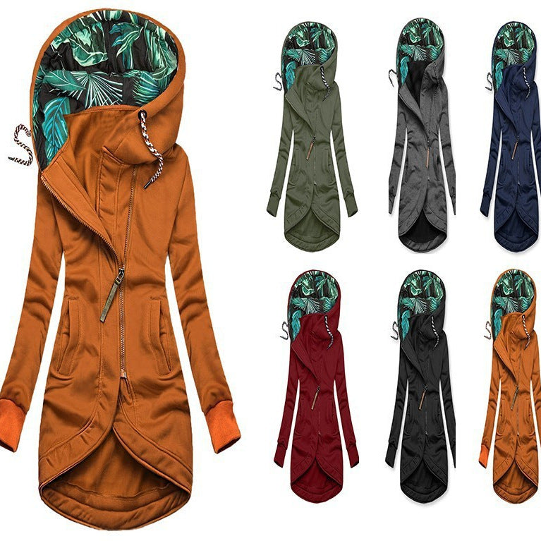 Women's Solid Color Fashion Zipper Printed Hooded Women's Sweater, Sweater