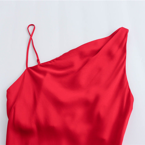 Sexy Oblique Shoulder Red Silk Satin Texture Dresses