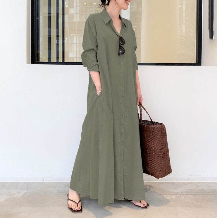 Solid Color Lapel Long Sleeve Pocket Simple Loose Dress