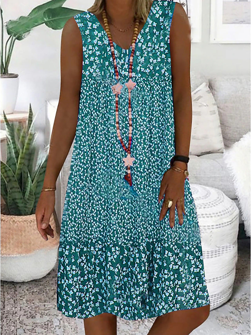 Women's Summer Small Floral Print Sleeveless Ladies Dress
