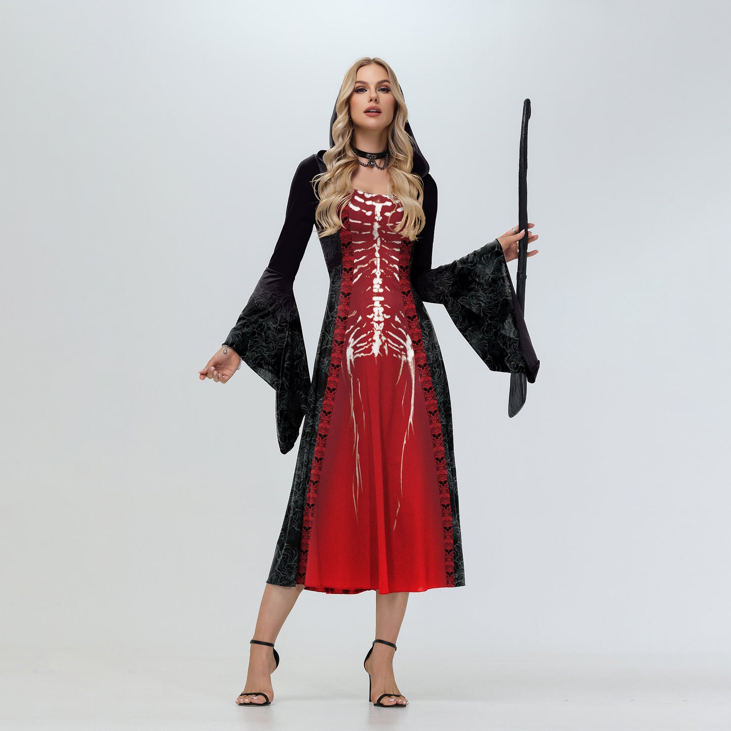 Women's Halloween Witch Also Crazy Hooded Bell Sleeve Digital Dress