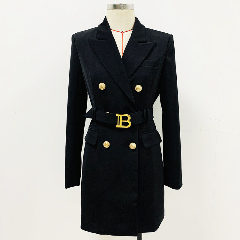 Double Breasted Metal Buckle Belt Slim Dress