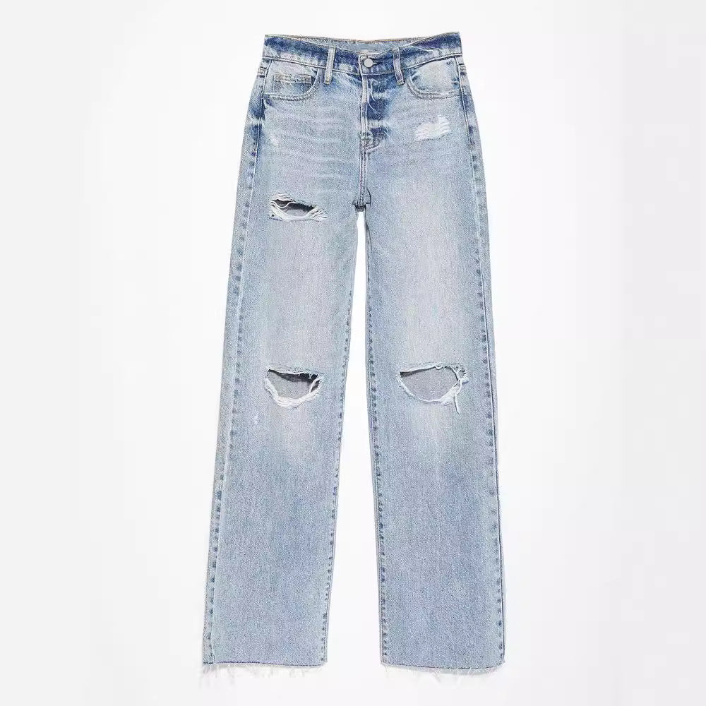 Women's Ripped High Waist Straight Washed Worn Jeans