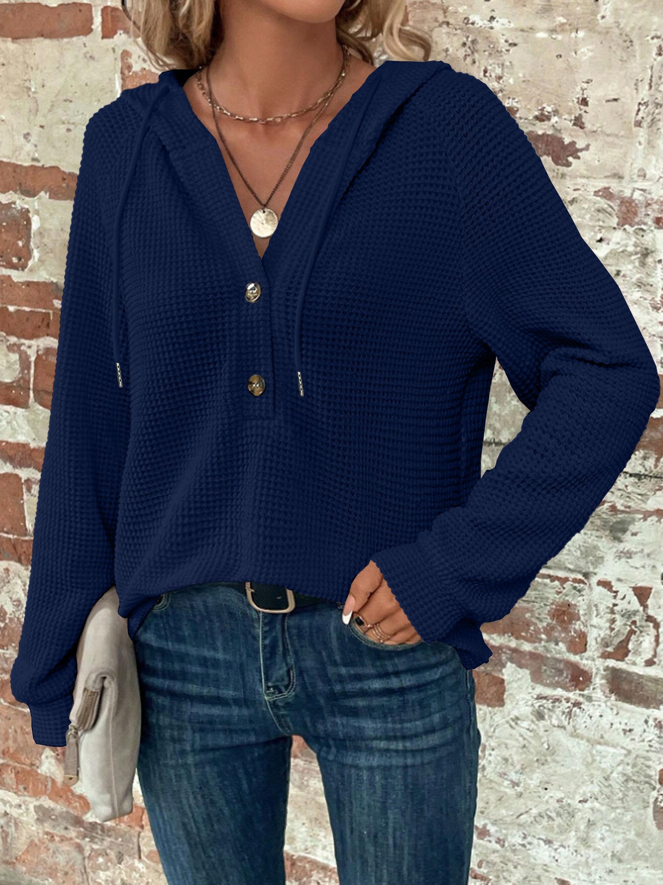 Women's Solid Color Long-sleeved Hooded Button For Women's Sweater, Sweater