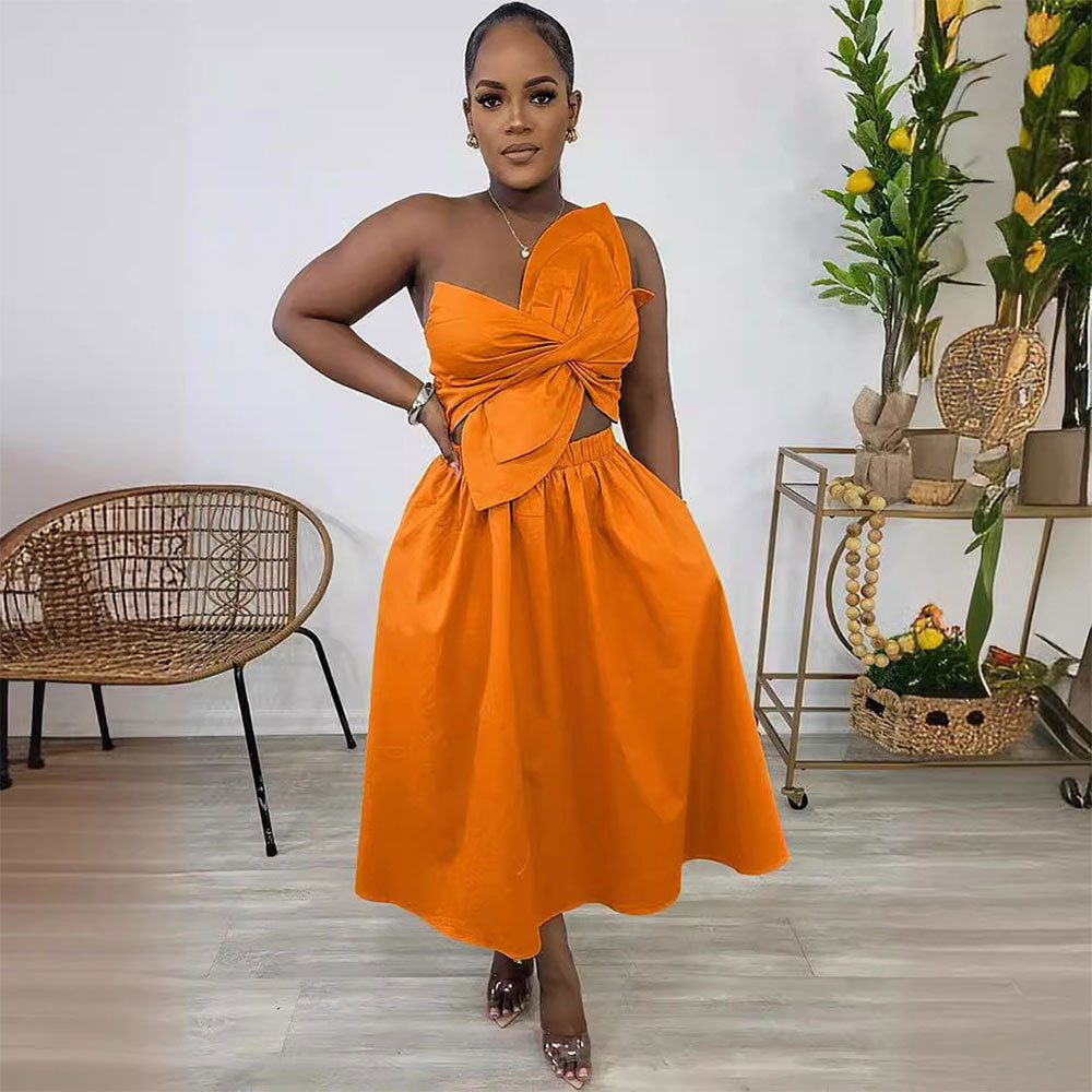 Solid Color Smocking One Shoulder Petal Dresses