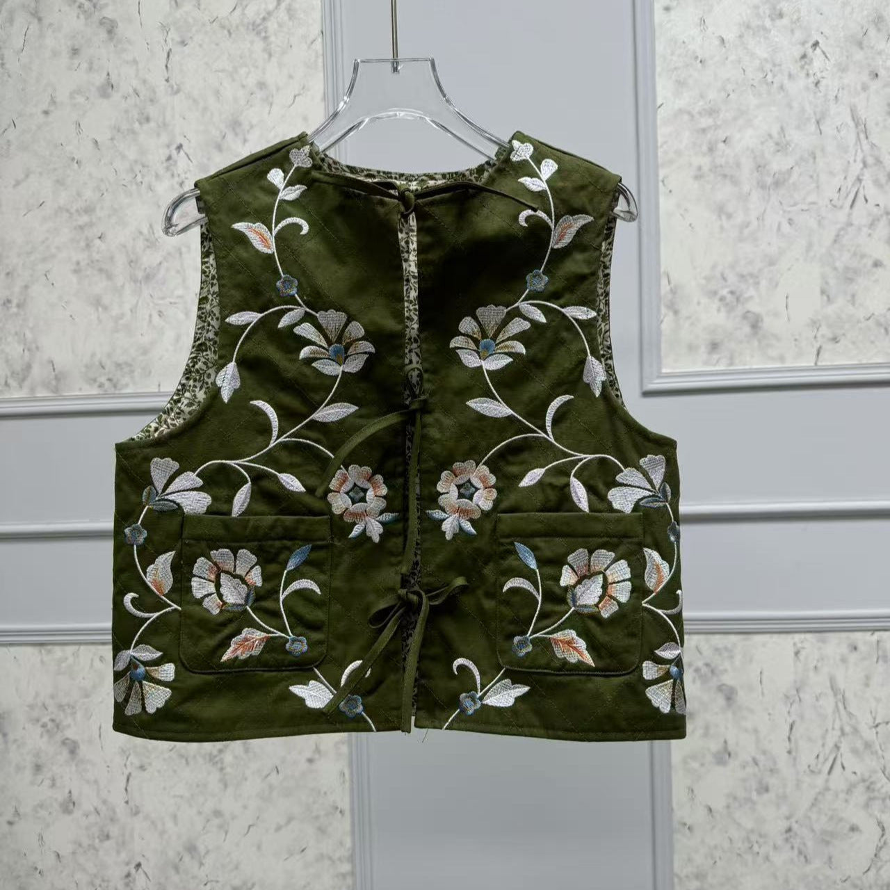 Embroidery Vintage Floral Embroidered Double Pocket Quilted Vests