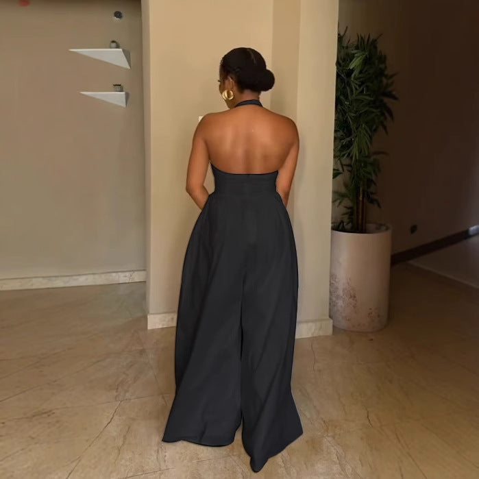 Elegant Halter Backless Slim Fit Solid Color Jeans