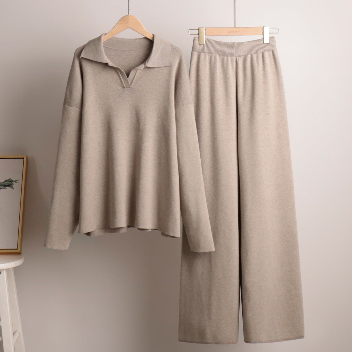 Collar Knitted Pullover Wide Leg Trousers Suits
