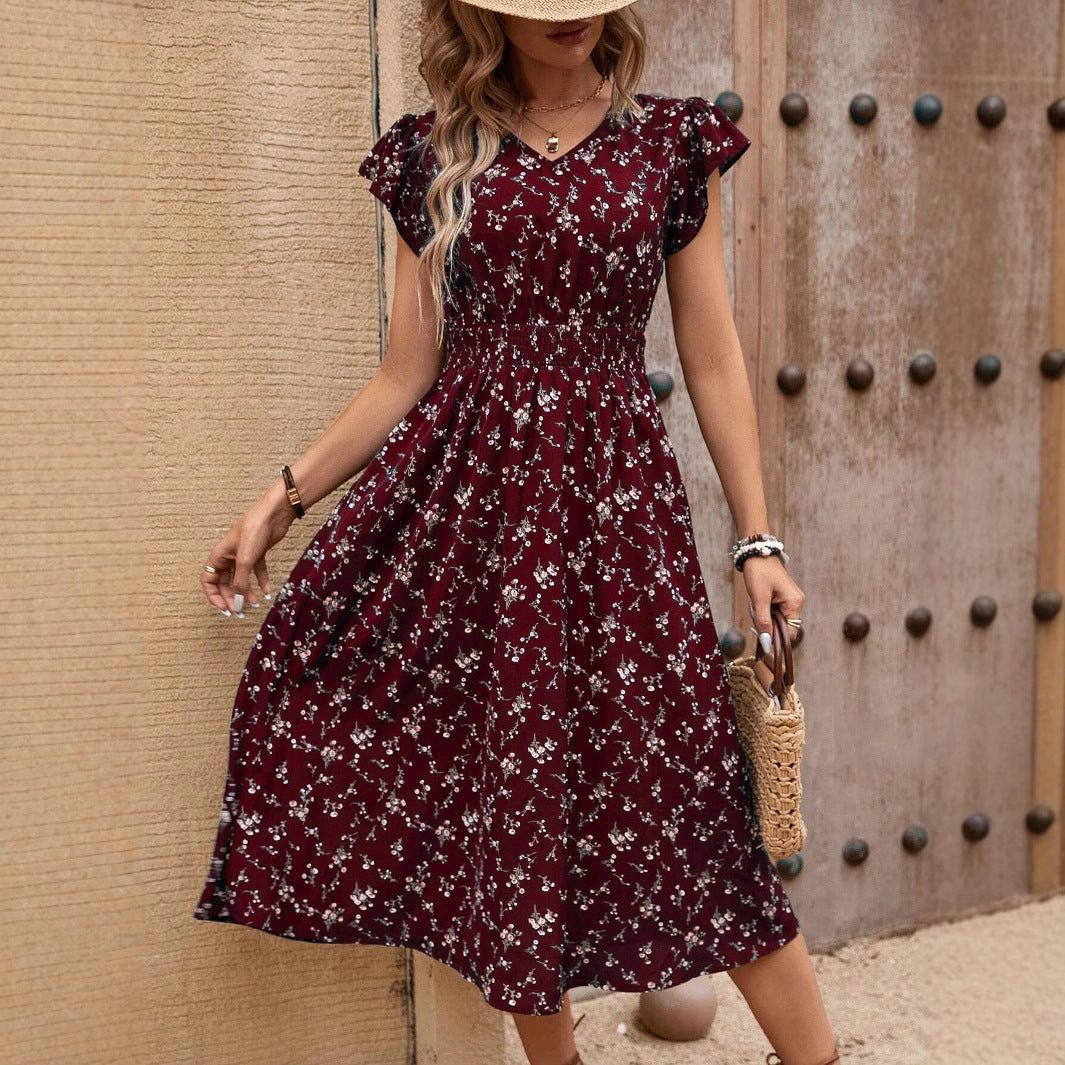 Bohemian Style Floral Print Smocking Waist Sleeve Dress