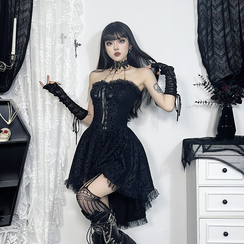 Women's Bow Lace Waist Tube Dress Dark Style Dresses