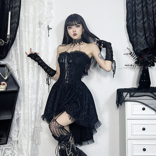 Women's Bow Lace Waist Tube Dress Dark Style Dresses