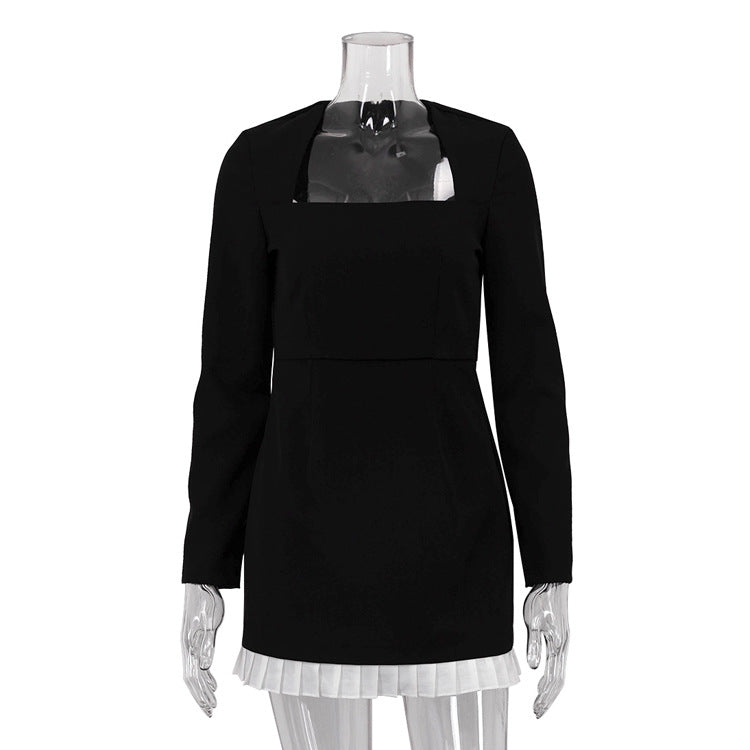 Women's Elegant Color Contrast Patchwork Design Black Dresses