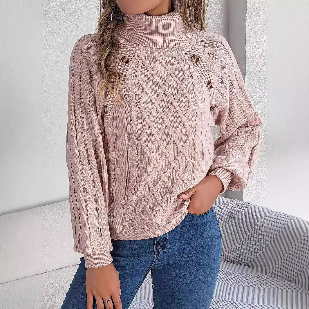 Women's Leisure Solid Color Buttons Turtleneck Lantern Sleeve Sweater