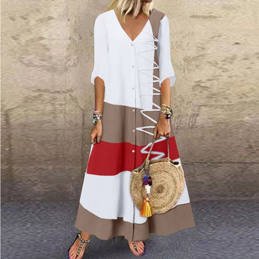 Summer Collar Sleeve Printed Long Dress Skirts