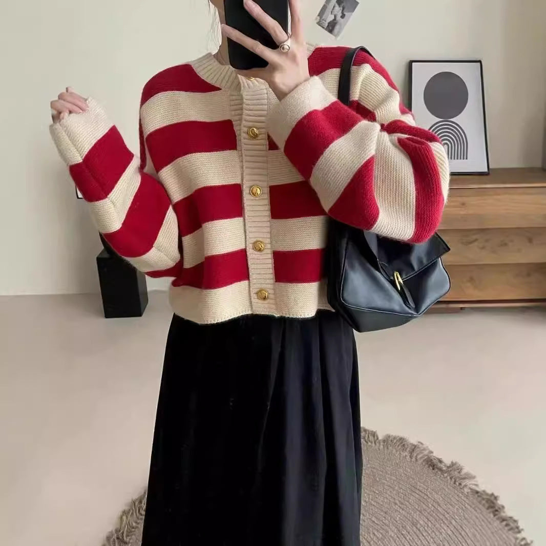 Women's Neck Striped Contrast Color Spring Loose Design Women's Sweater