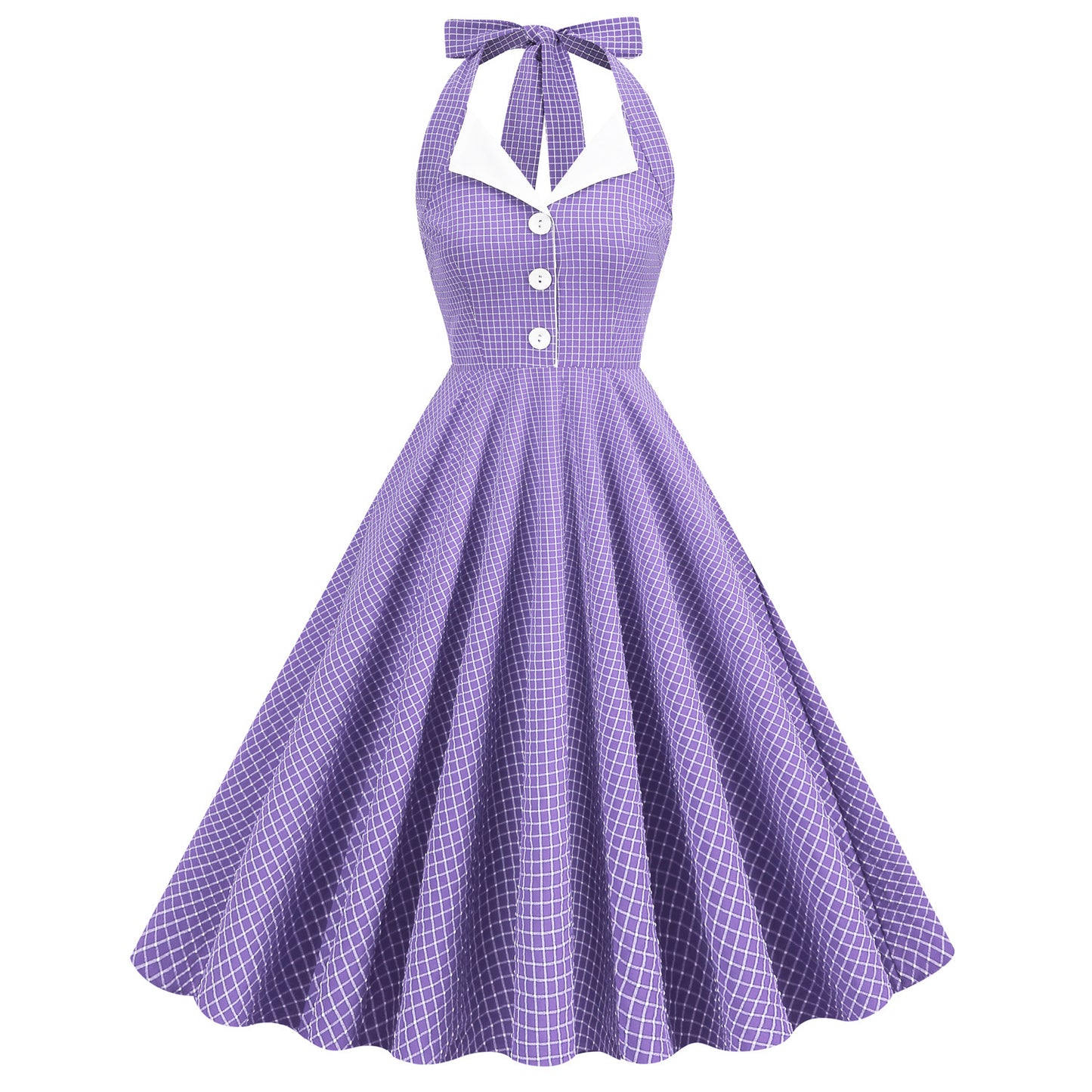 Navy Style Plaid Contrast Color Lapel Halter Large Swing Hepburn Dress