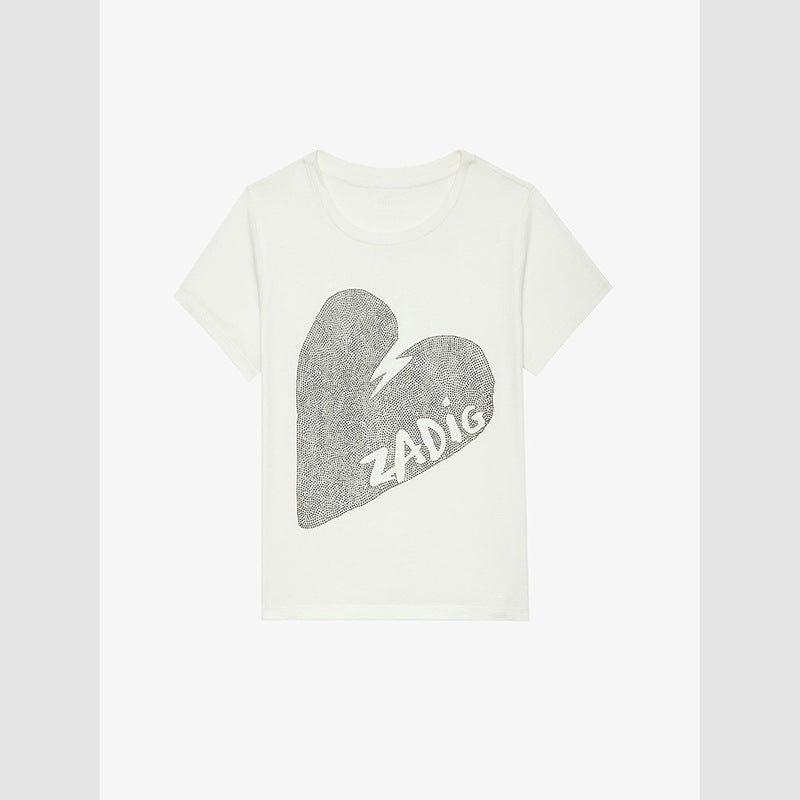 Women's French Small Big Heart Letter Hot Rhinestone Blouses