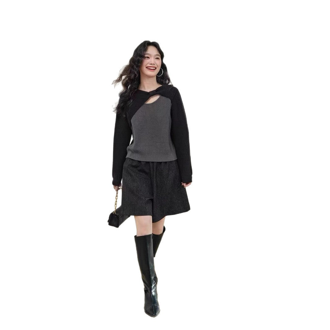 Women's Bow Asymmetric Slim Fit Hollow Out Sweater