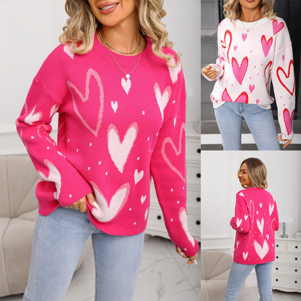 Women's Love Pullover Loose Round Neck Long Sweater