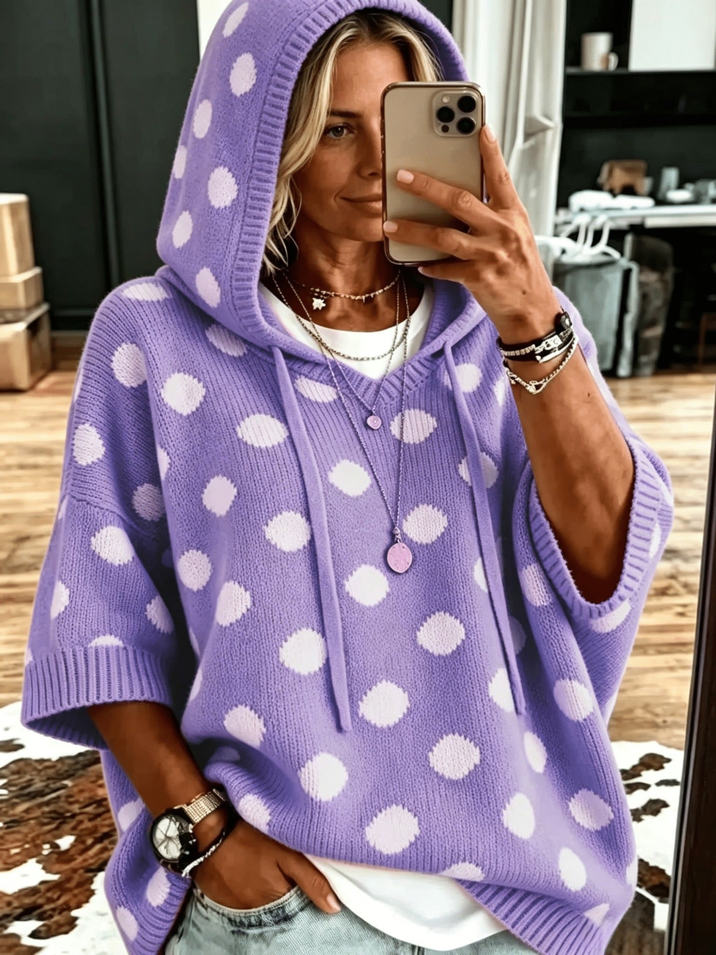 Women's Complete Sizes Elegant Loose Casual Style Polka Dot Sweater