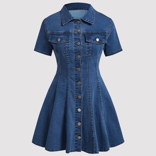 Women's Beautiful Denim Short-sleeved Waist Dress Dresses