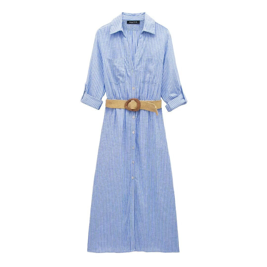 Women's Belt Linen Blend Shirt Dress Dresses