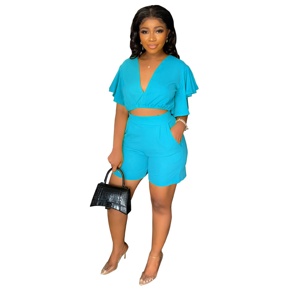 Cool Ruffled Casual Summer Two-piece Set Suits