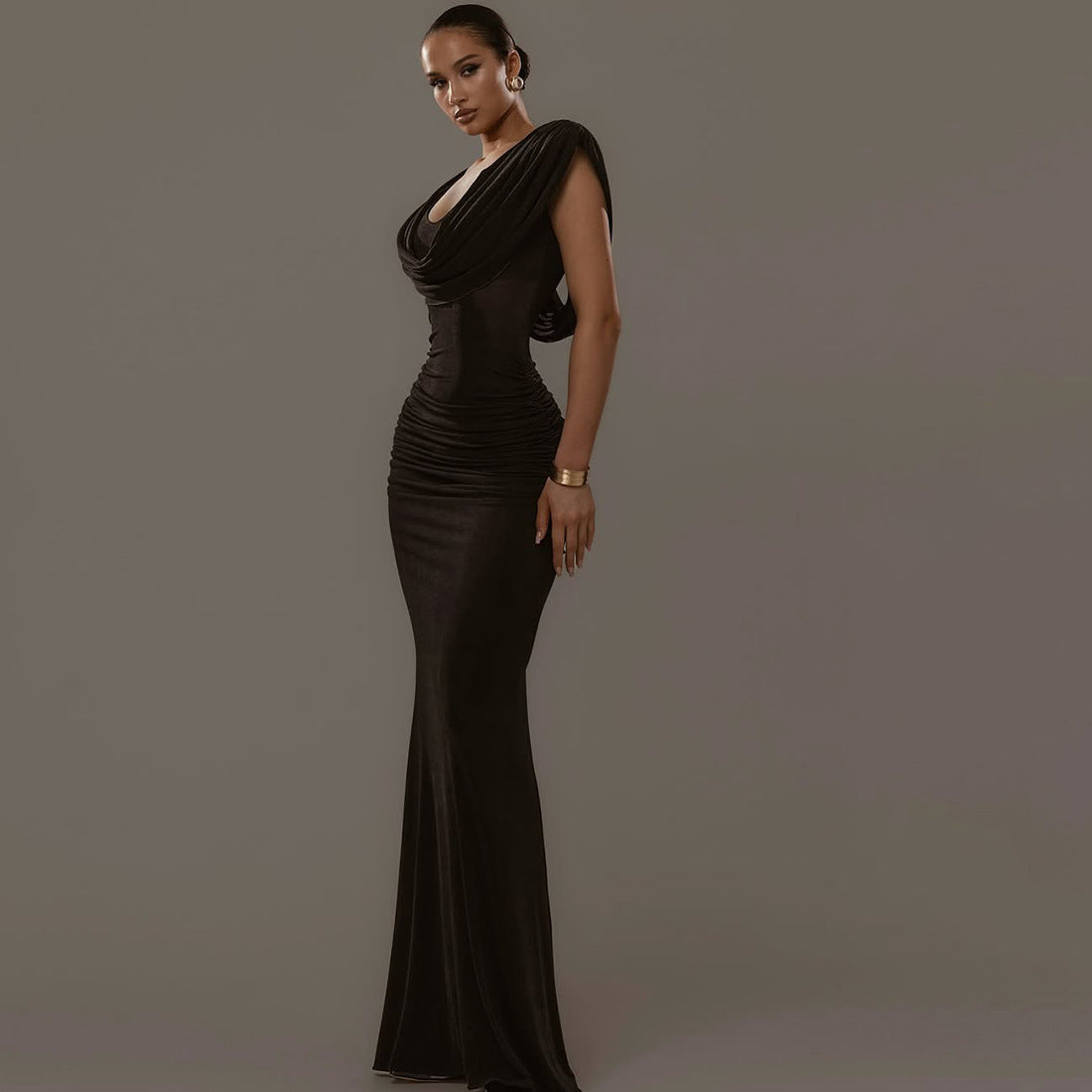 Women's Autumn Fashionable Temperament Swing Collar Elegant Fitted Waist Pleated Slim Dress