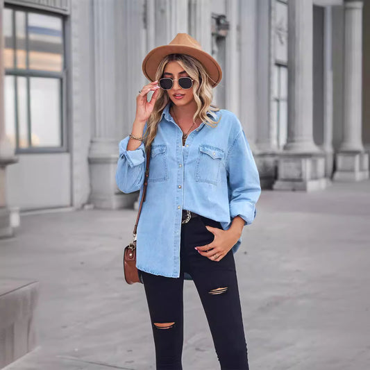 Women's Flattering Thin Denim Long Sleeve Shirt Blouses