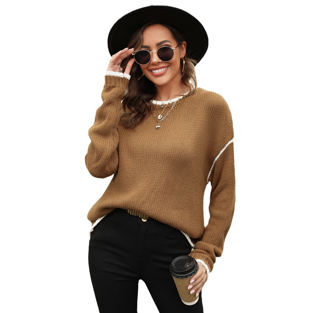 Women's Autumn Patchwork Stripes Contrast Color Round Sweaters