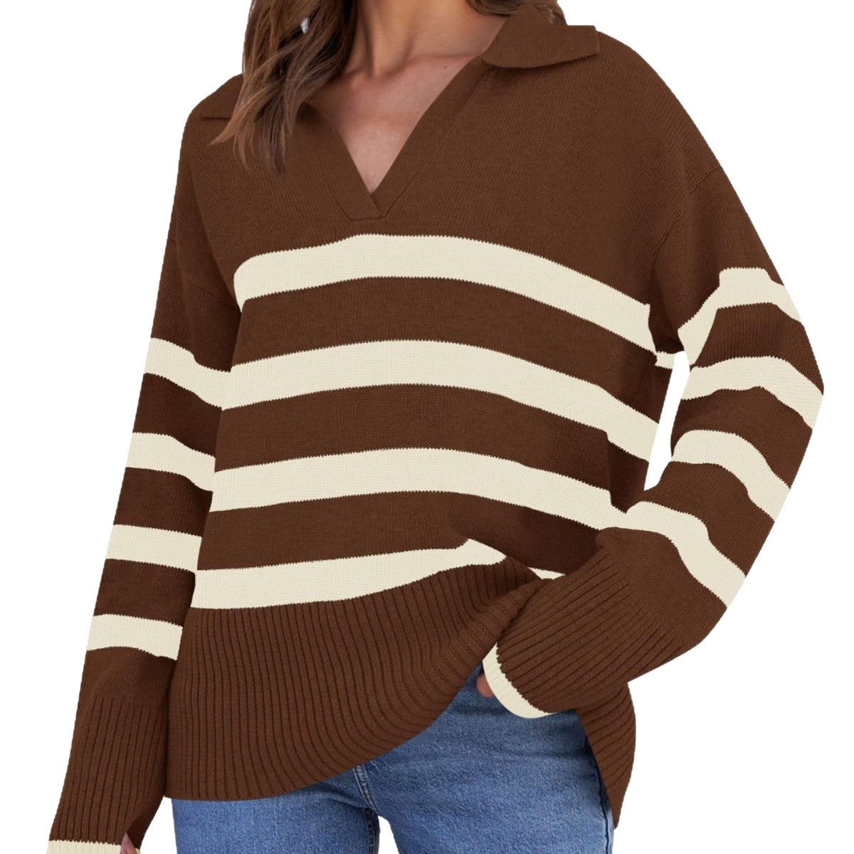 Women's Basic Loose Long Sleeve Outerwear Striped Polo Collar Sweater