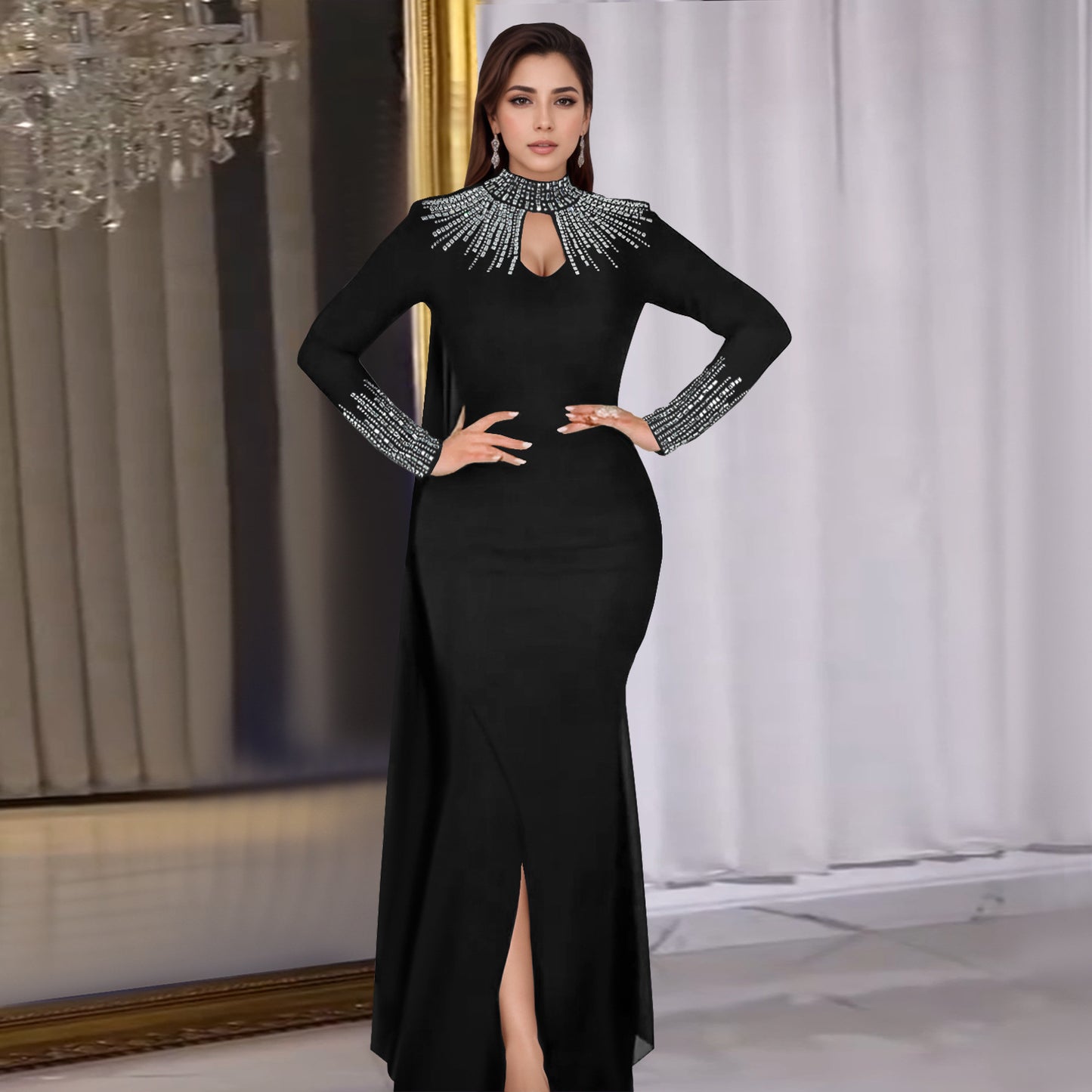 Women's Fashion Wear Elegant Rhinestone Long Sleeve Dresses