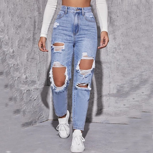 Women's Ripped Washed High Waist Straight Jeans