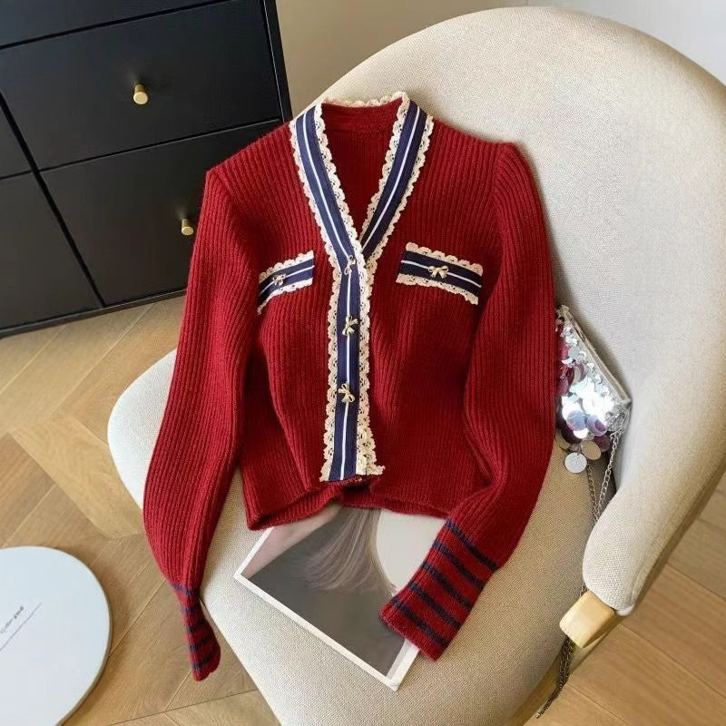 Women's Knitted Clothes French Style Color Matching Outer Wear Tops
